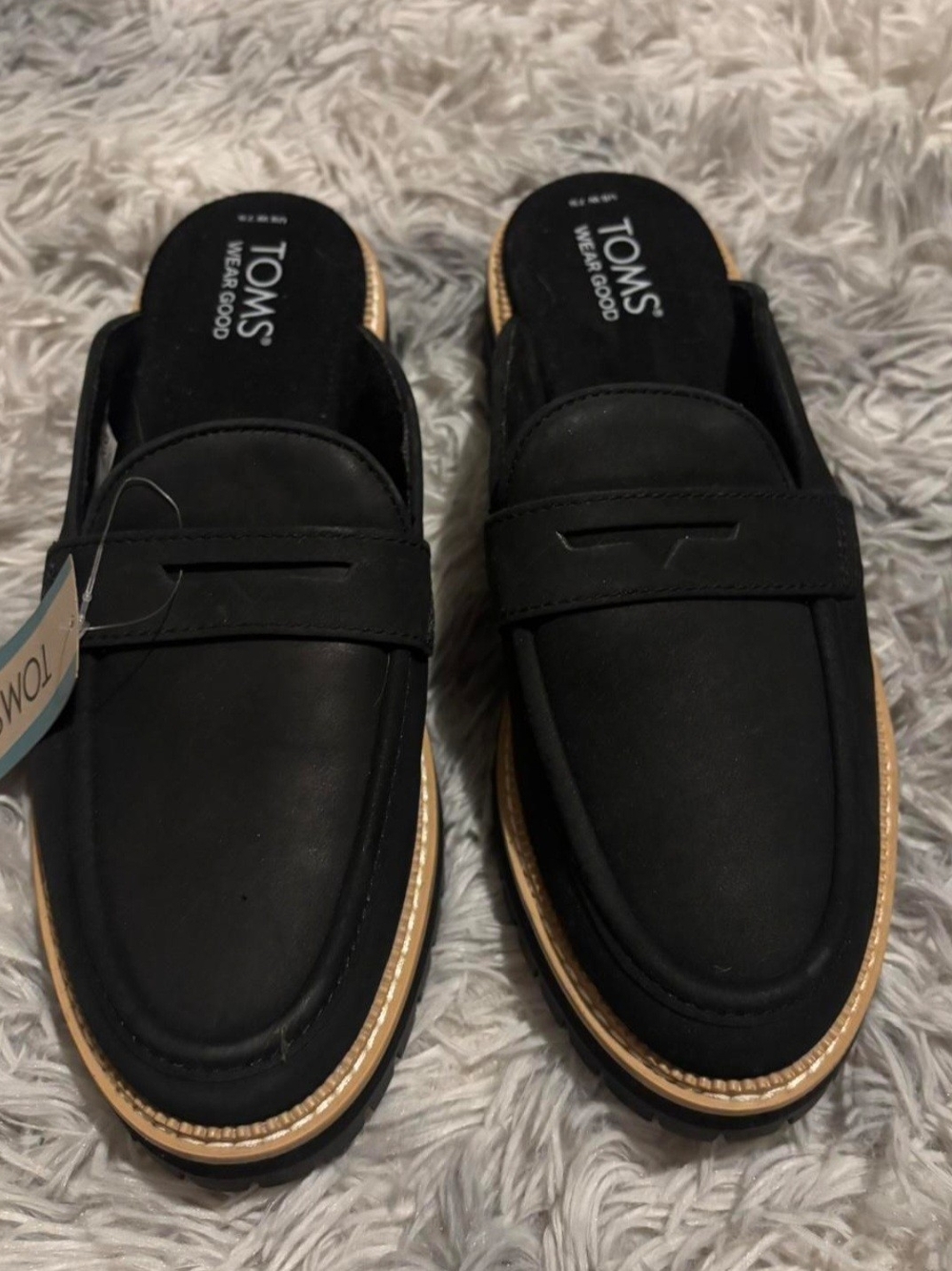 NWT TOMS Black Slip-On Penny Loafer Mule with Tan Trim - Picture 5 of 8